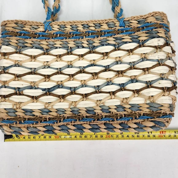 Vintage Woven Corn Husk Straw Tote Bag Purse Small Bohemian Beach Blue Braided - Picture 10 of 10